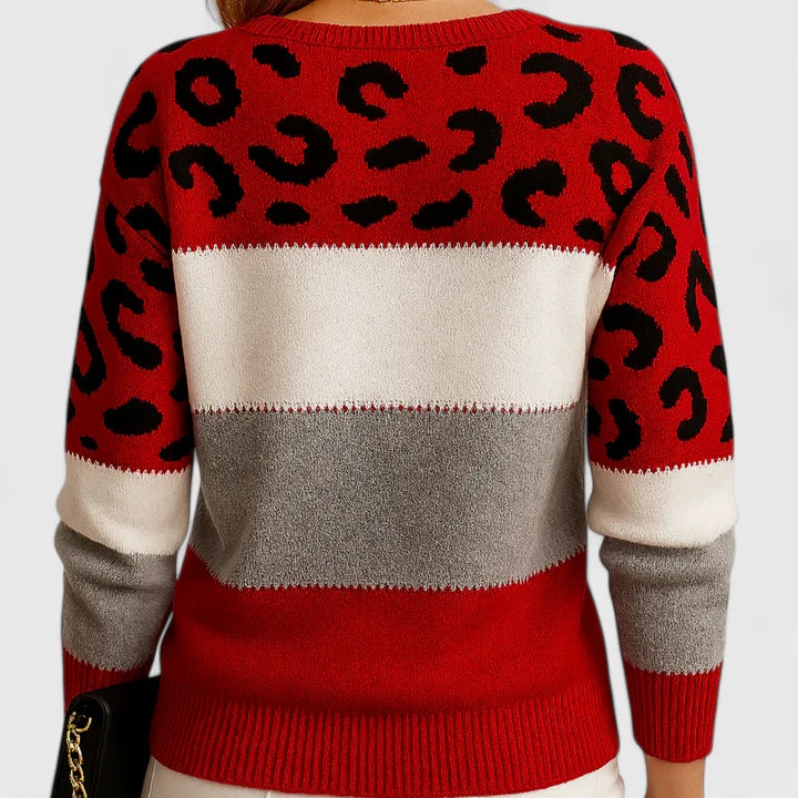 Women's Crew Neck Long Sleeve Leopard Print Colorblock Cardigan Sweater