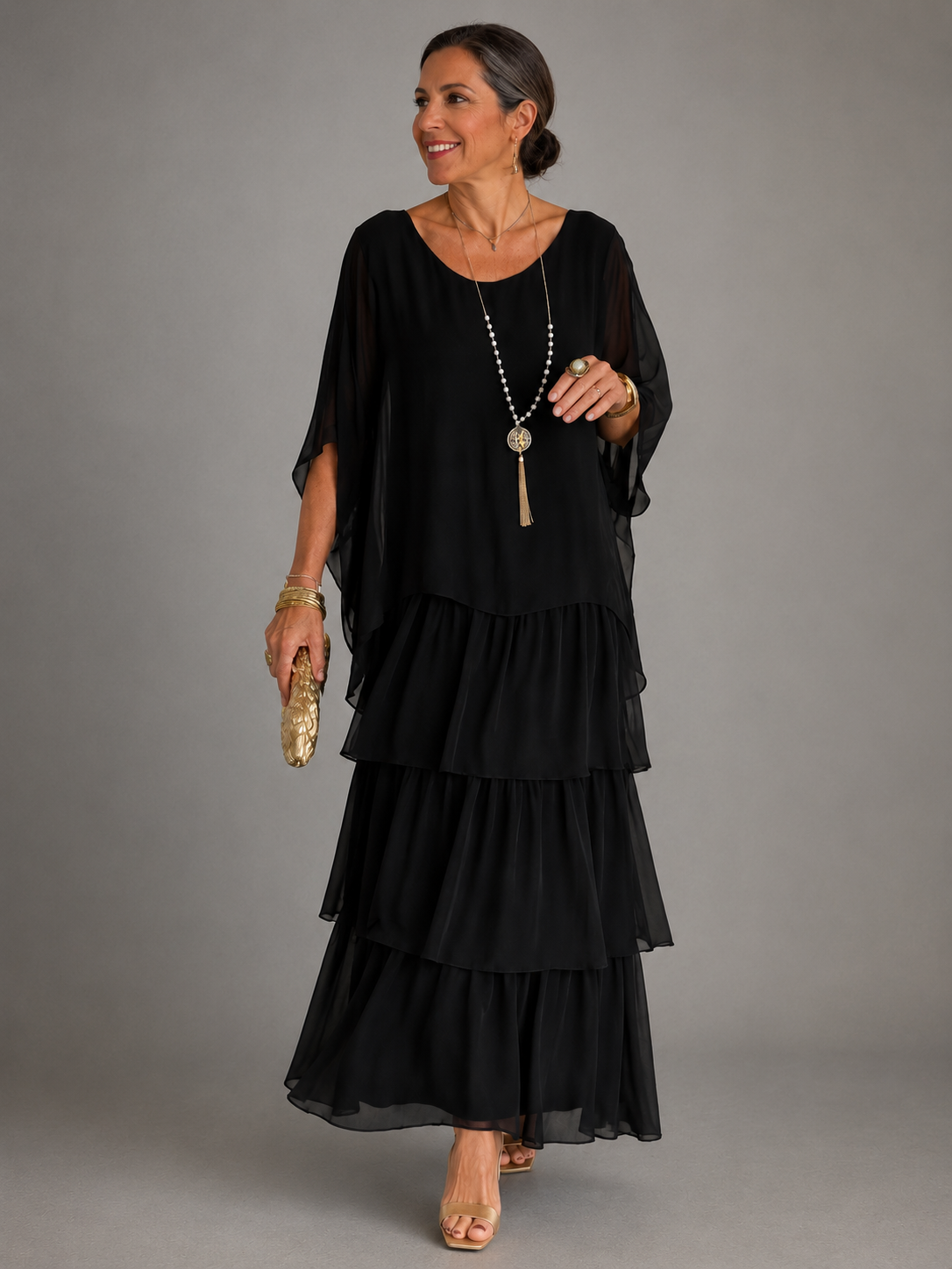 Round Neck Batwing Sleeve Tiered Ruffle Maxi Dress