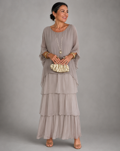 Round Neck Batwing Sleeve Tiered Ruffle Maxi Dress