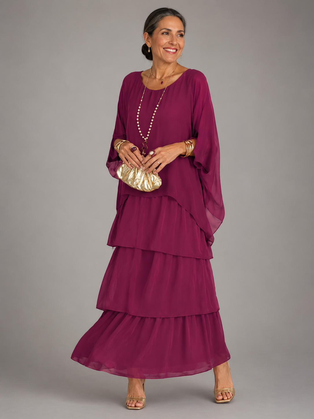 Round Neck Batwing Sleeve Tiered Ruffle Maxi Dress