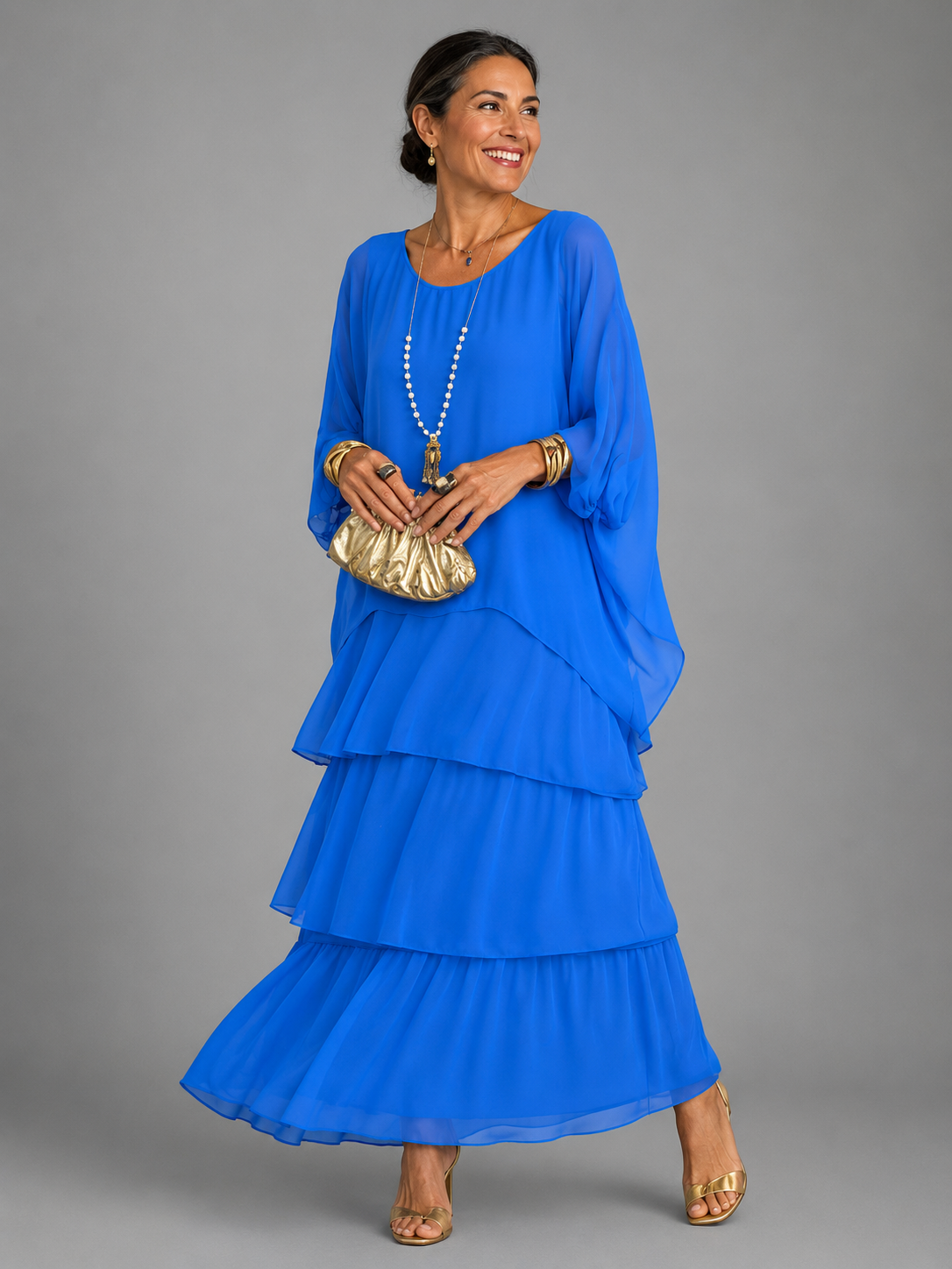 Round Neck Batwing Sleeve Tiered Ruffle Maxi Dress