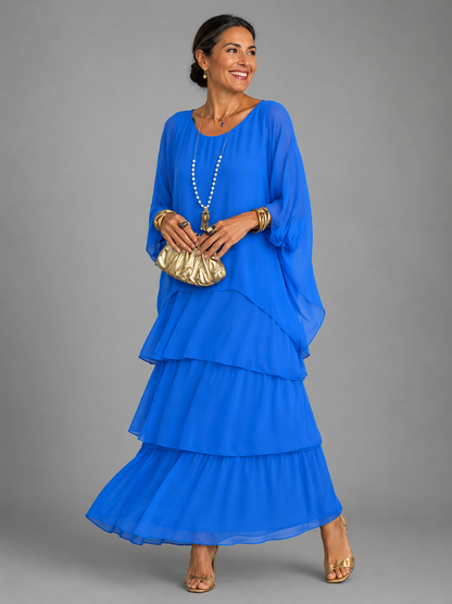 Round Neck Batwing Sleeve Tiered Ruffle Maxi Dress