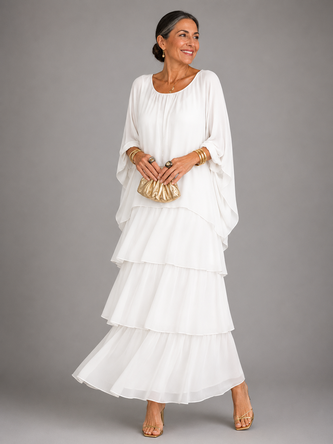Round Neck Batwing Sleeve Tiered Ruffle Maxi Dress
