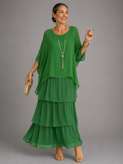 Round Neck Batwing Sleeve Tiered Ruffle Maxi Dress