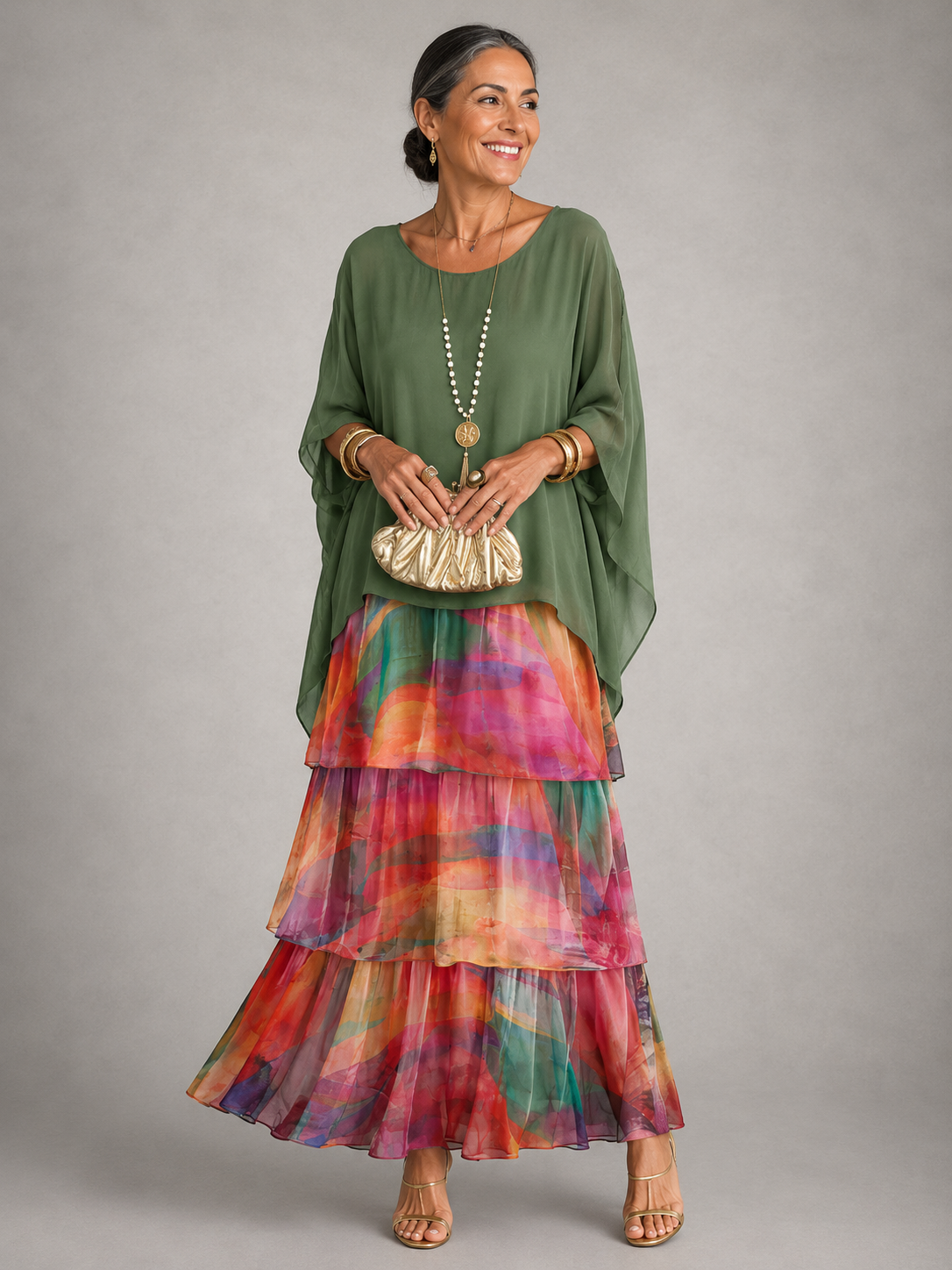 Round Neck Batwing Sleeve Tiered Ruffle Maxi Dress