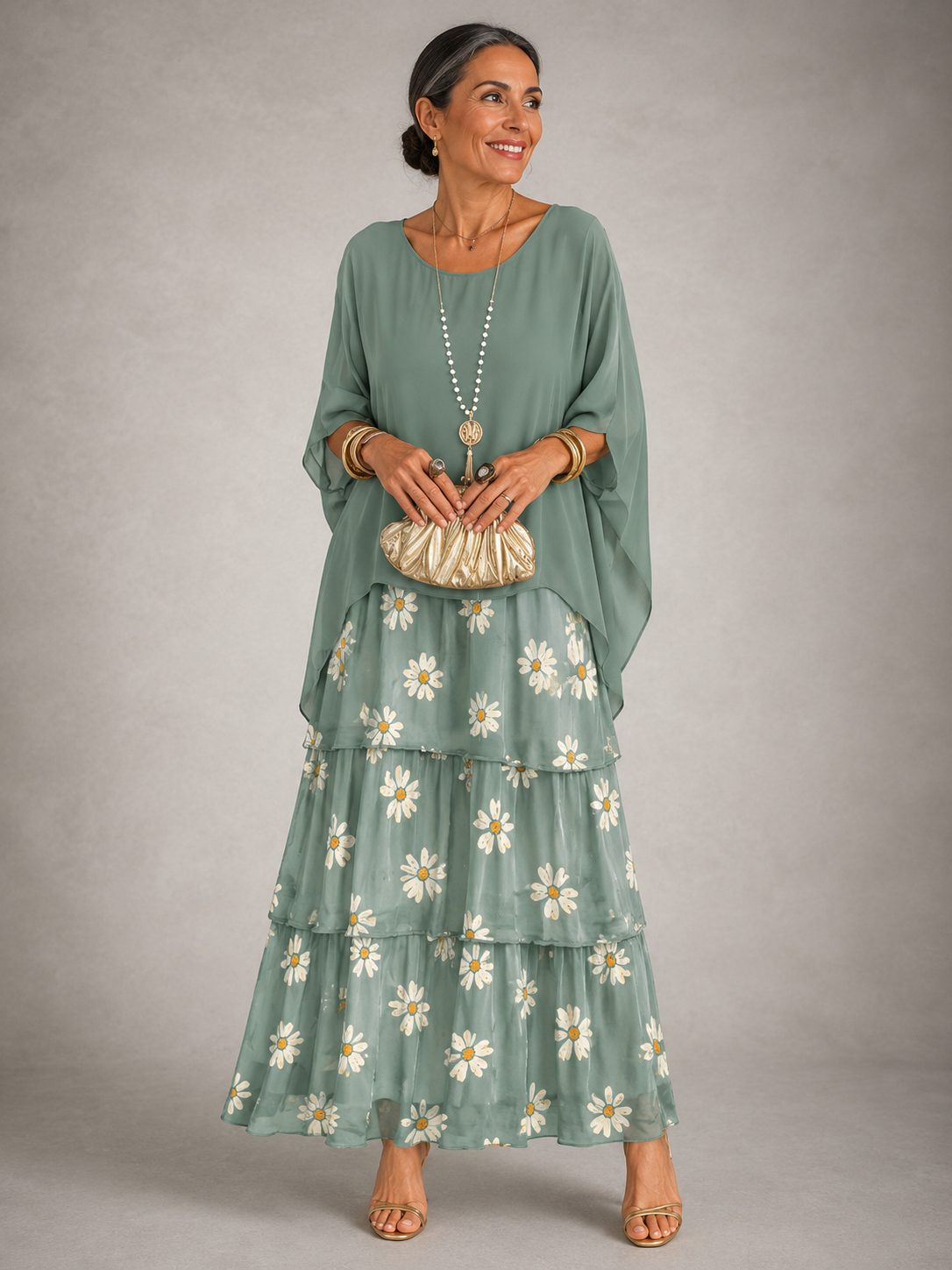 Round Neck Batwing Sleeve Tiered Ruffle Maxi Dress