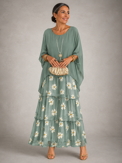 Round Neck Batwing Sleeve Tiered Ruffle Maxi Dress