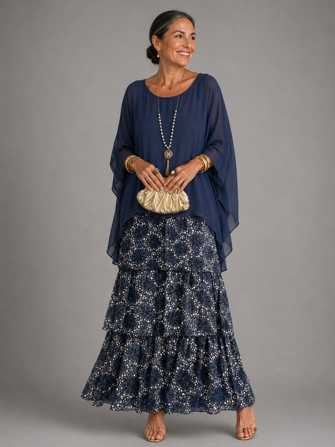Round Neck Batwing Sleeve Tiered Ruffle Maxi Dress