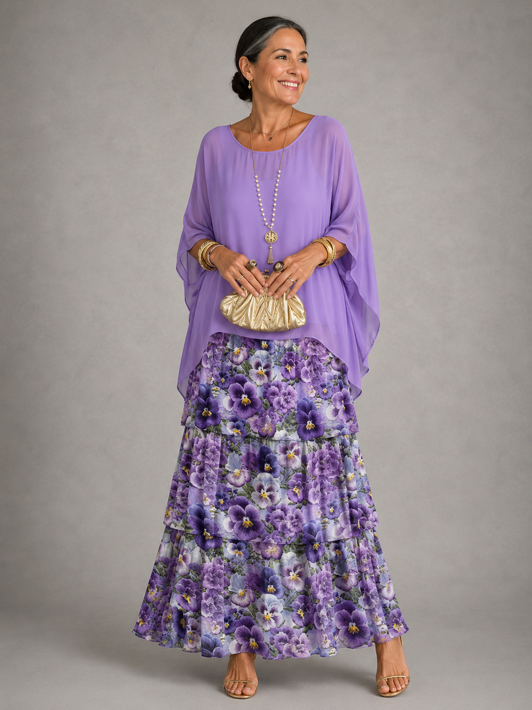 Round Neck Batwing Sleeve Tiered Ruffle Maxi Dress