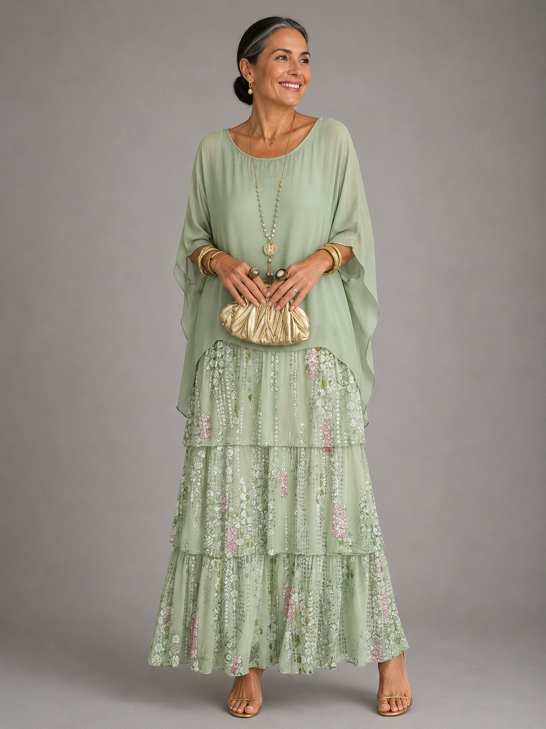 Round Neck Batwing Sleeve Tiered Ruffle Maxi Dress