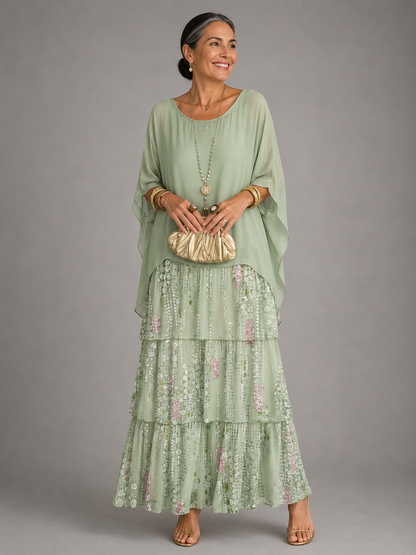 Round Neck Batwing Sleeve Tiered Ruffle Maxi Dress