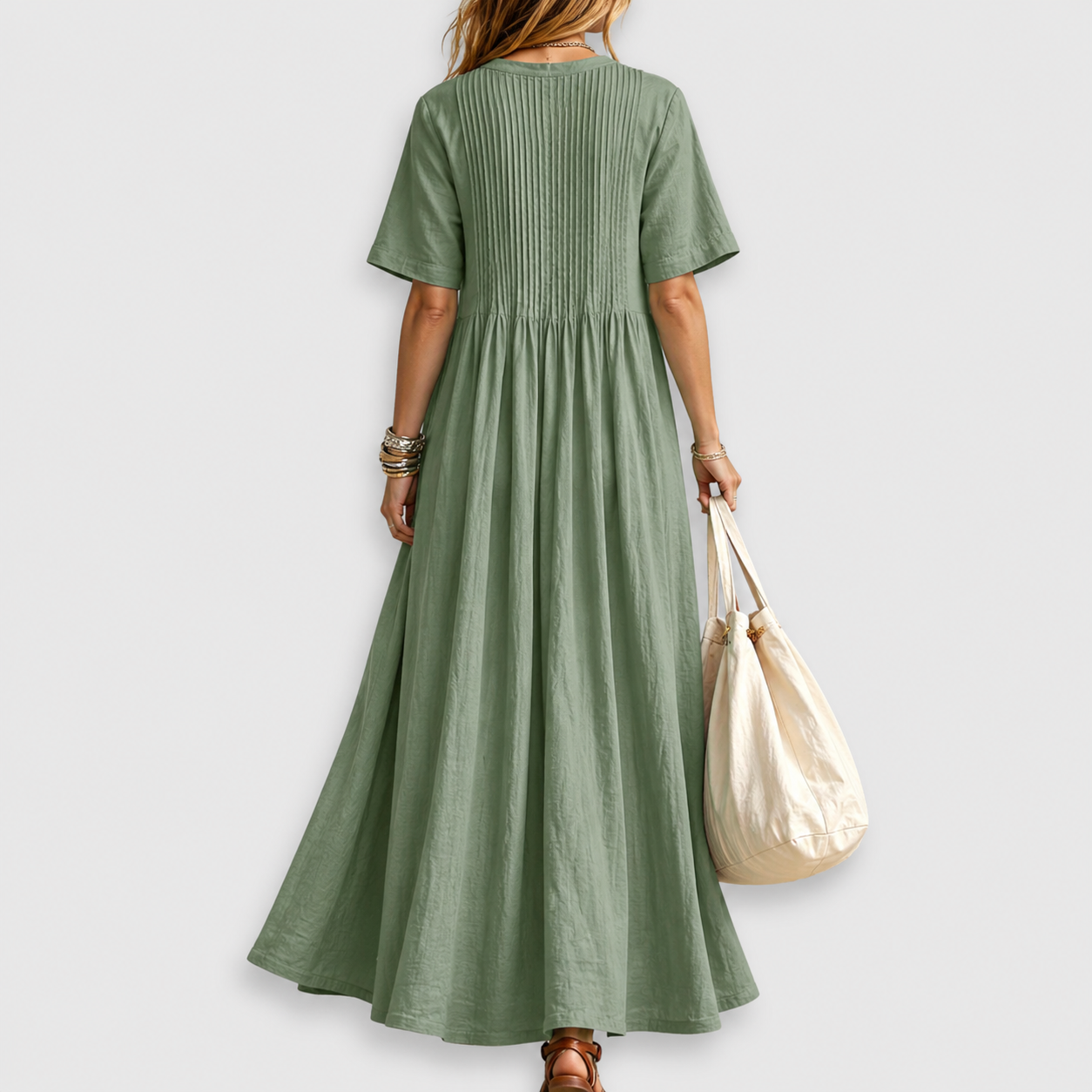 Pintuck V-Neck Short Sleeve Maxi Dress