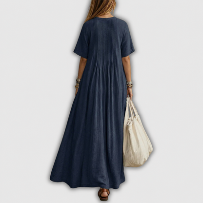 Pintuck V-Neck Short Sleeve Maxi Dress