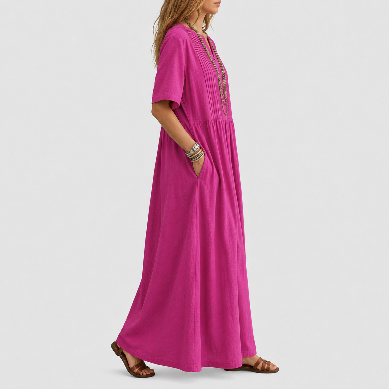 Pintuck V-Neck Short Sleeve Maxi Dress