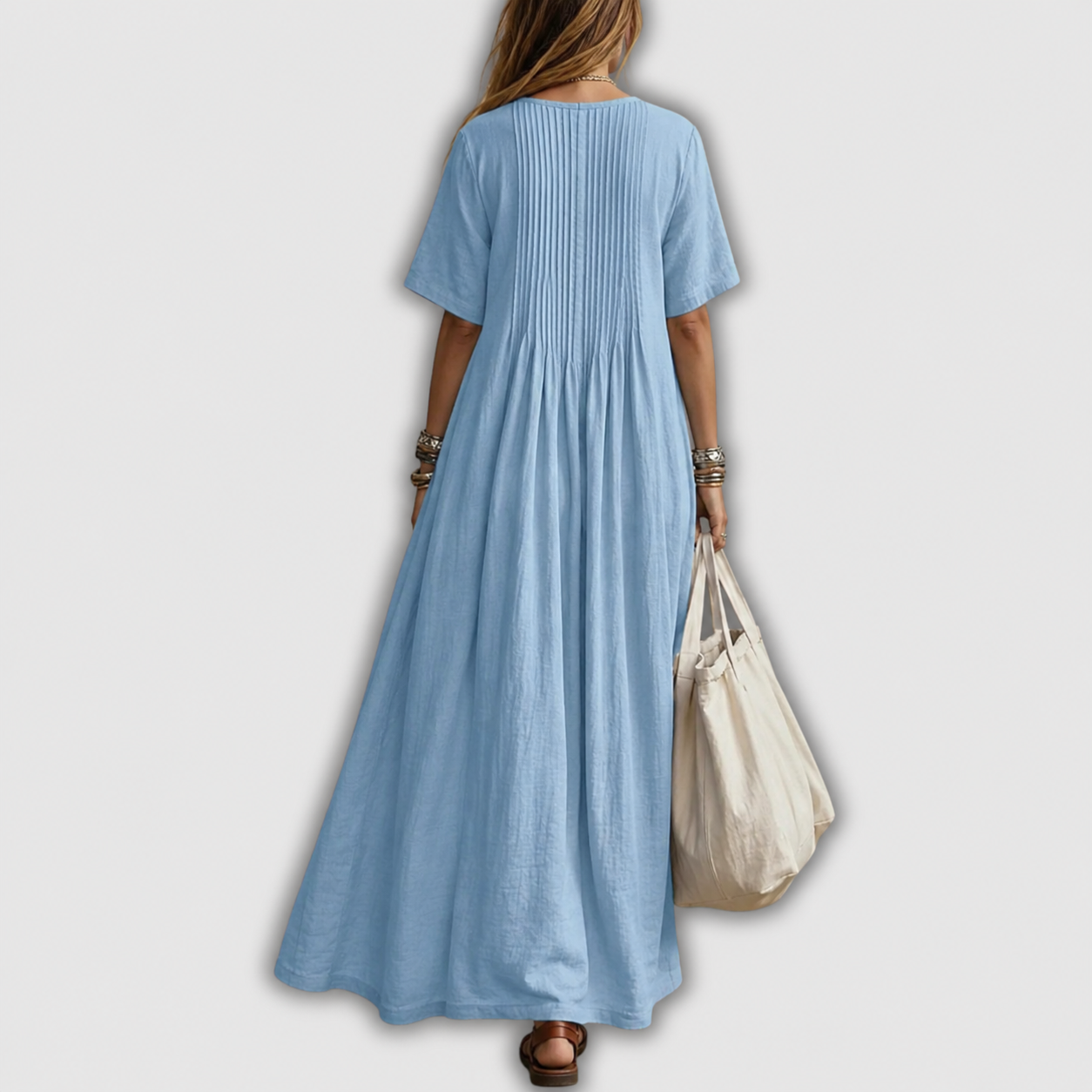 Pintuck V-Neck Short Sleeve Maxi Dress