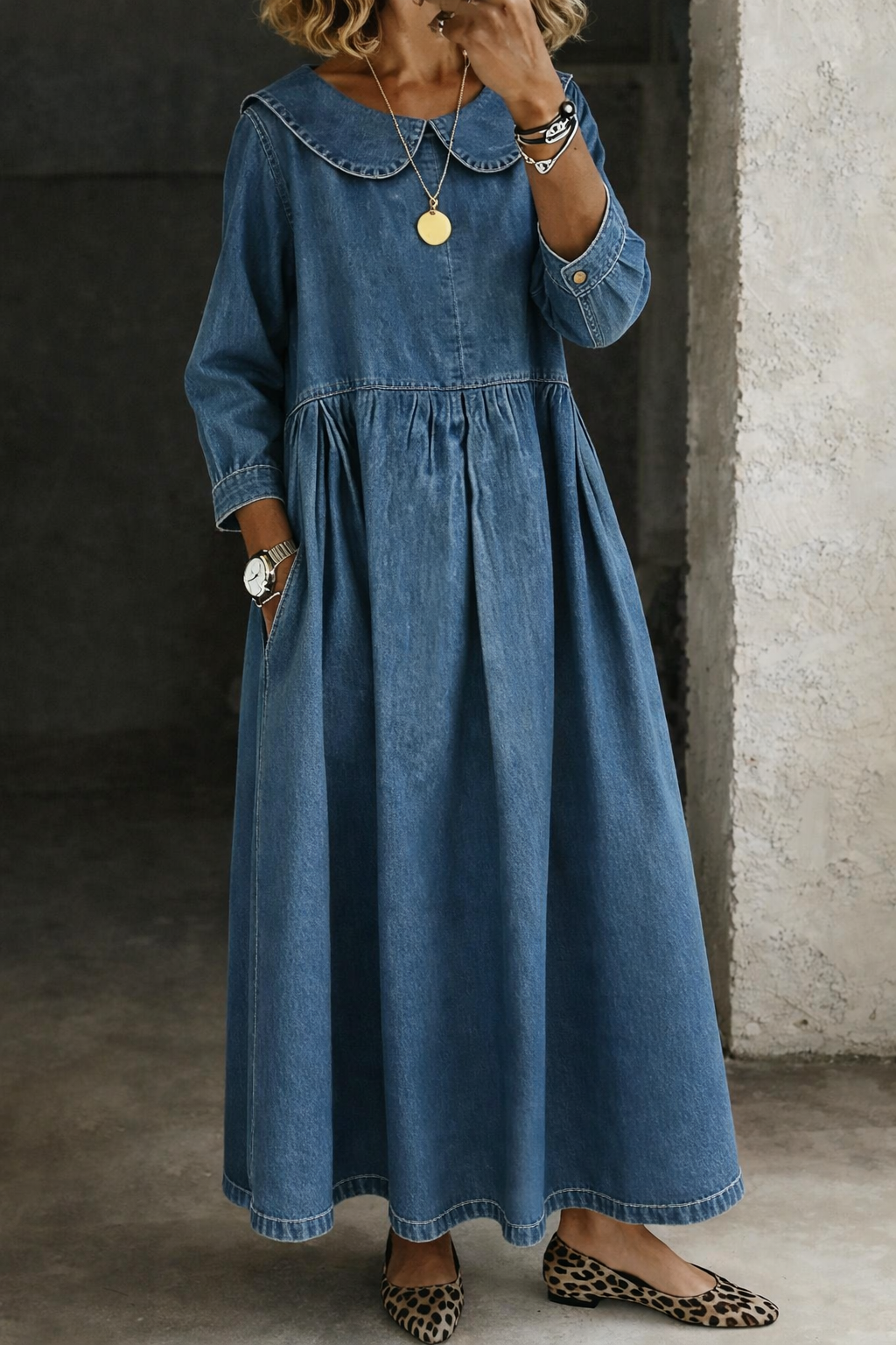 Women's Peter Pan Collar Long Sleeve A-Line Maxi Dress