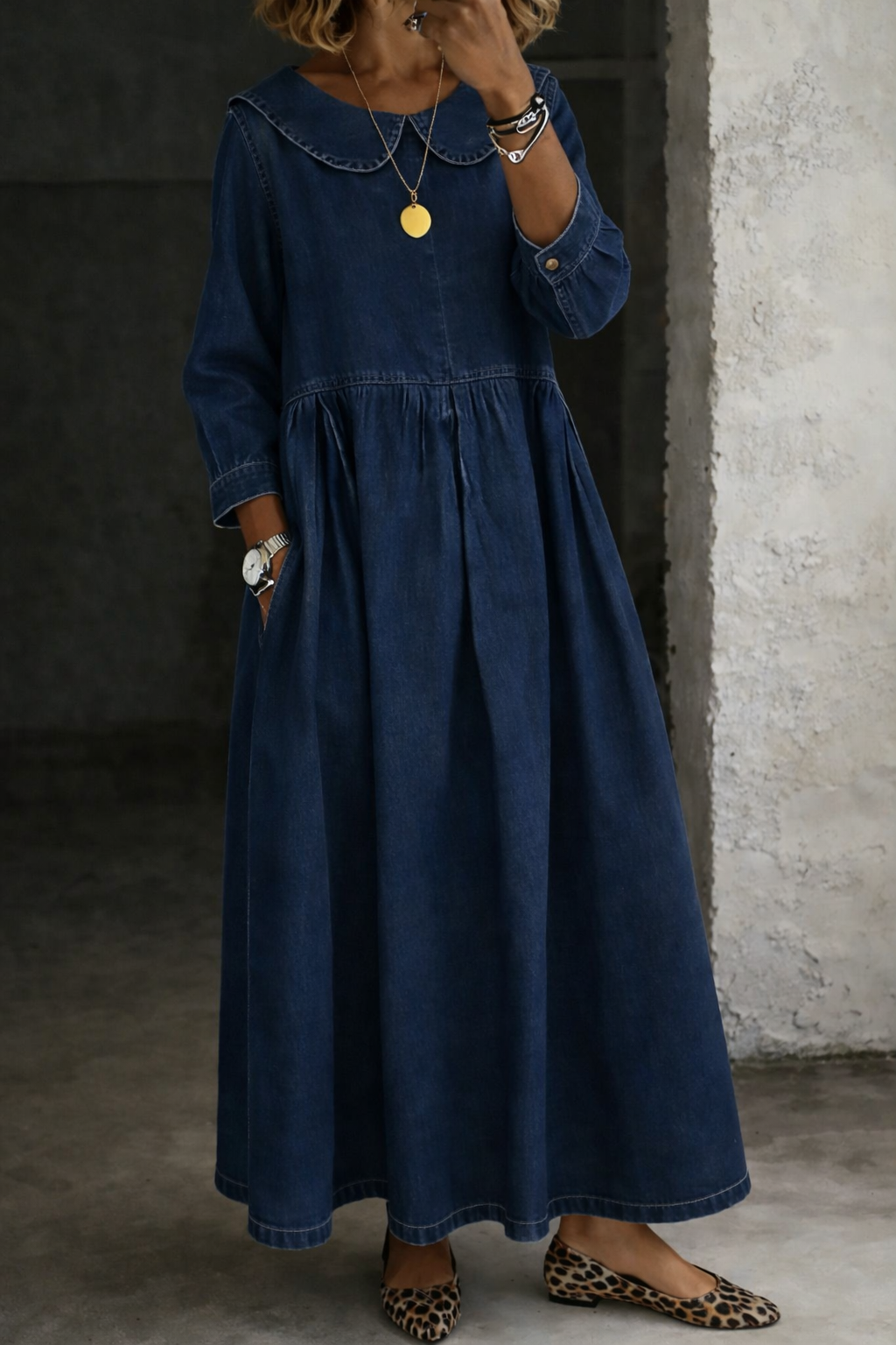 Women's Peter Pan Collar Long Sleeve A-Line Maxi Dress