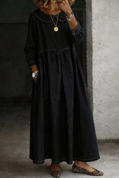 Women's Peter Pan Collar Long Sleeve A-Line Maxi Dress