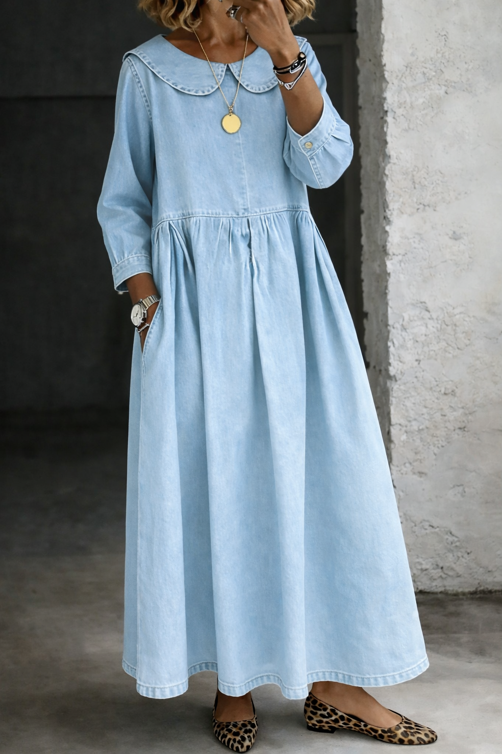Women's Peter Pan Collar Long Sleeve A-Line Maxi Dress