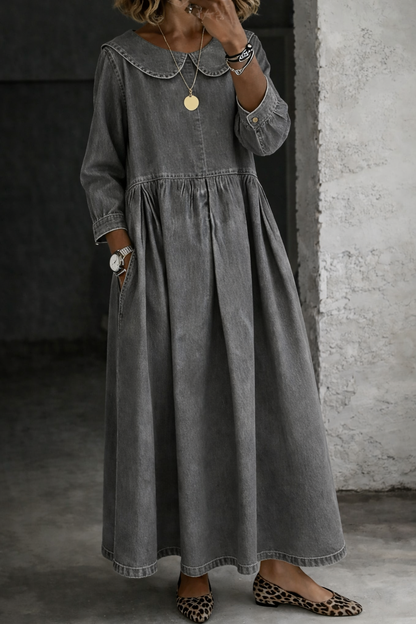 Women's Peter Pan Collar Long Sleeve A-Line Maxi Dress