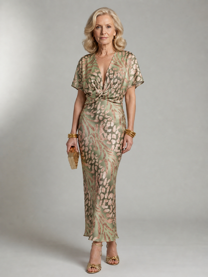 V Neck Short Sleeve Twist Front Patterned Maxi Fitted Dress