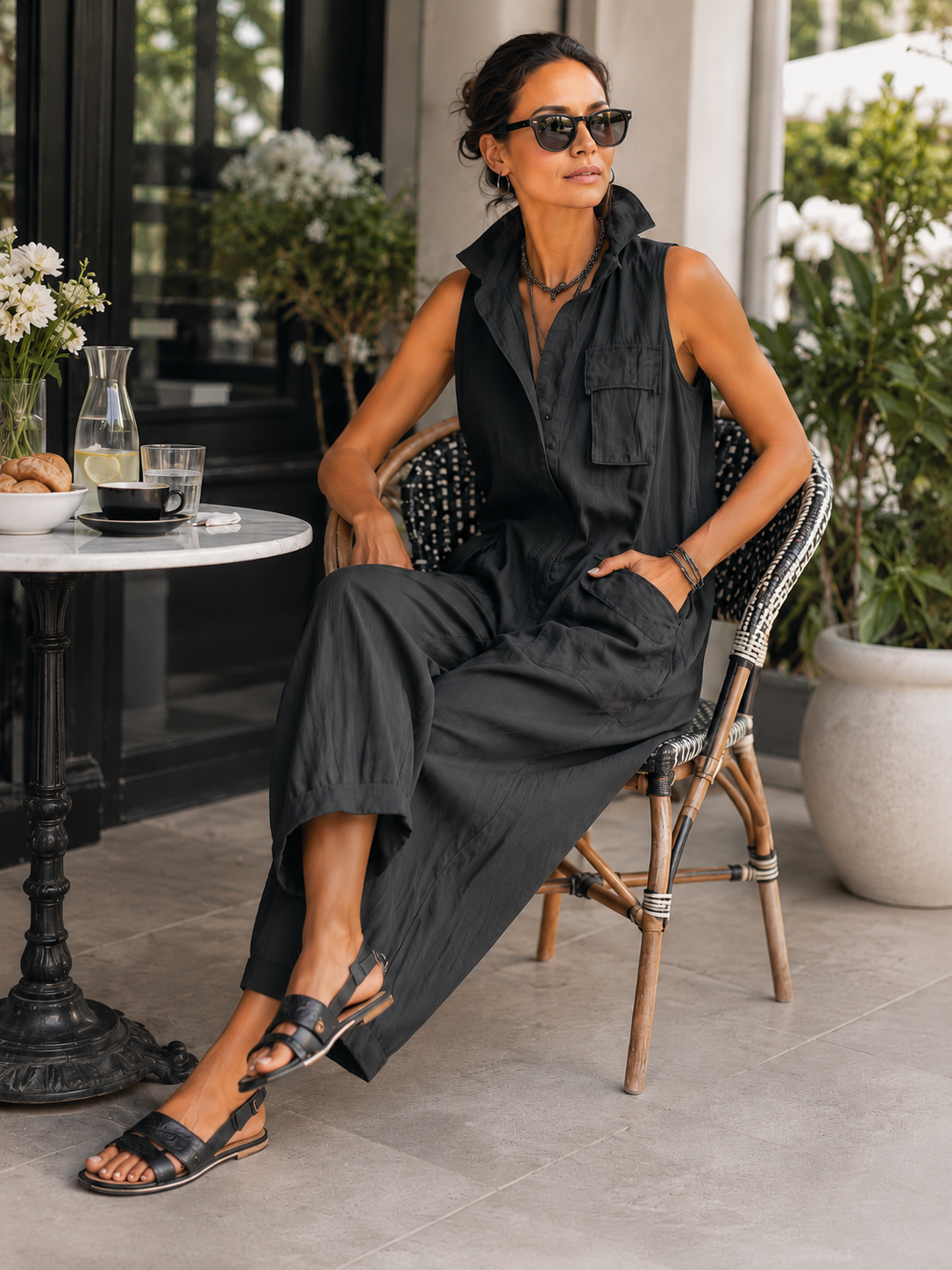 Collared Sleeveless Pocketed Baggy Sleeveless Jumpsuit