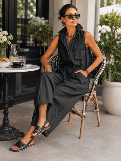 Collared Sleeveless Pocketed Baggy Sleeveless Jumpsuit
