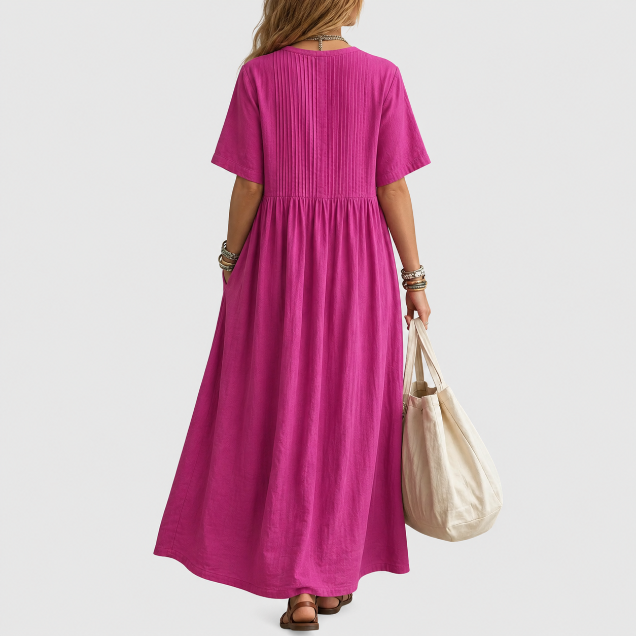 Pintuck V-Neck Short Sleeve Maxi Dress