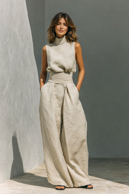 Pleated High-Waist Two-Piece Set Pocketed