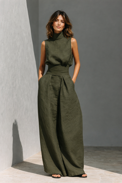 Pleated High-Waist Two-Piece Set Pocketed