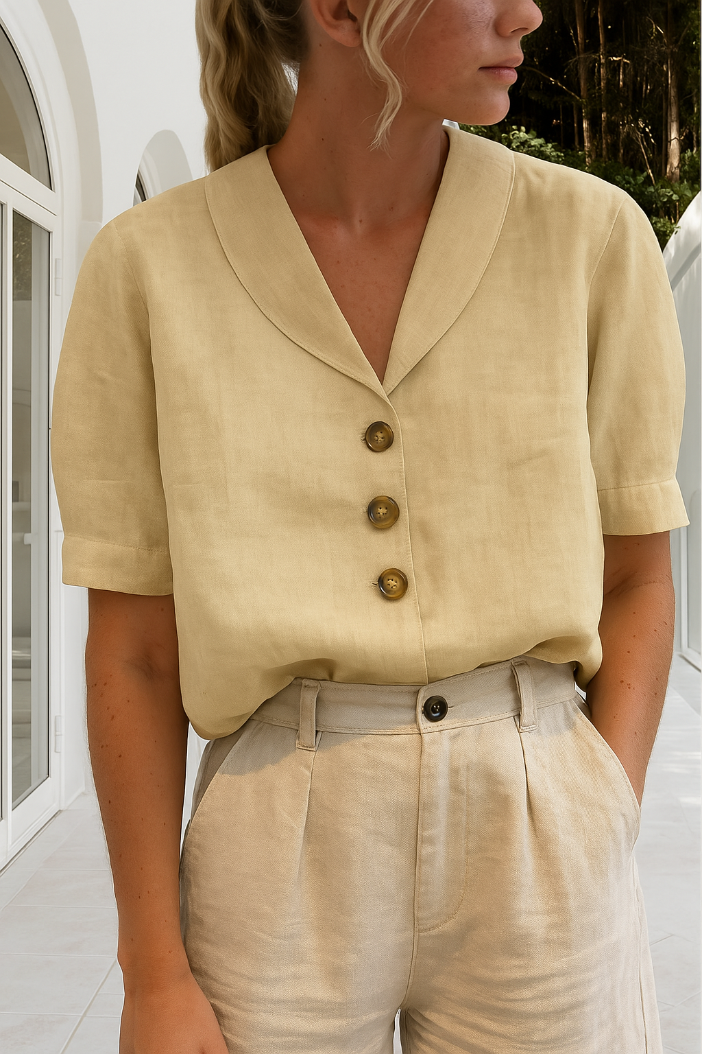 Short Sleeve Shawl Collar Blouse