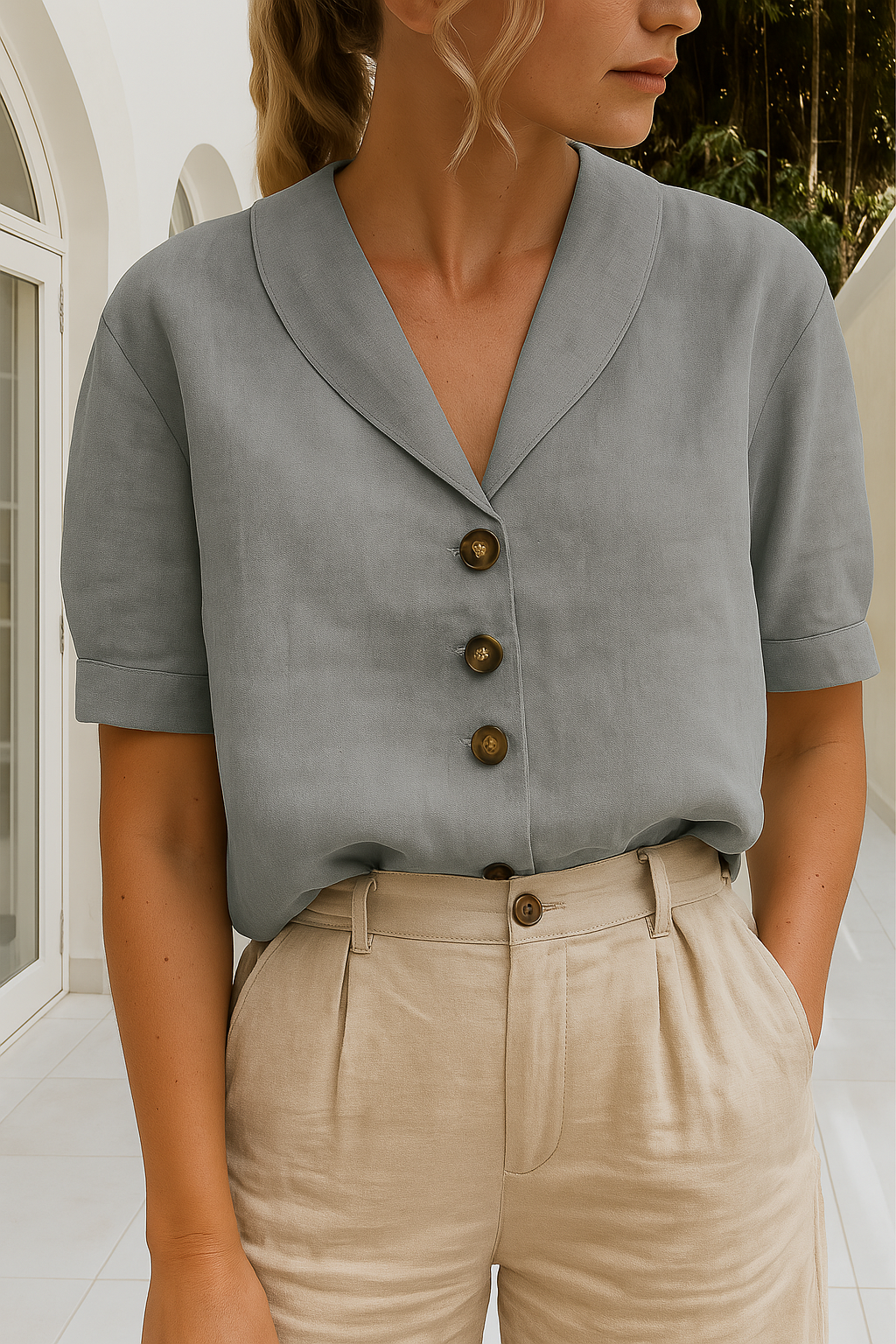 Short Sleeve Shawl Collar Blouse