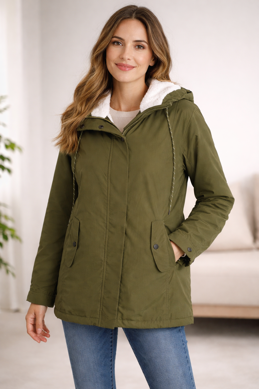 Hooded Faux Shearling Lined Parka Jacket For Women