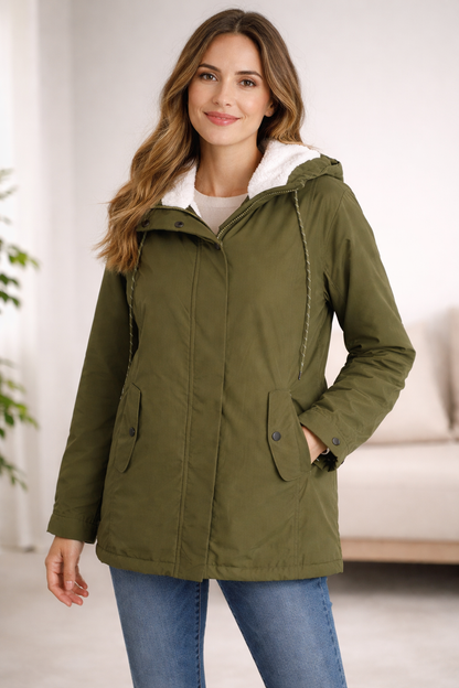 Hooded Faux Shearling Lined Parka Jacket For Women