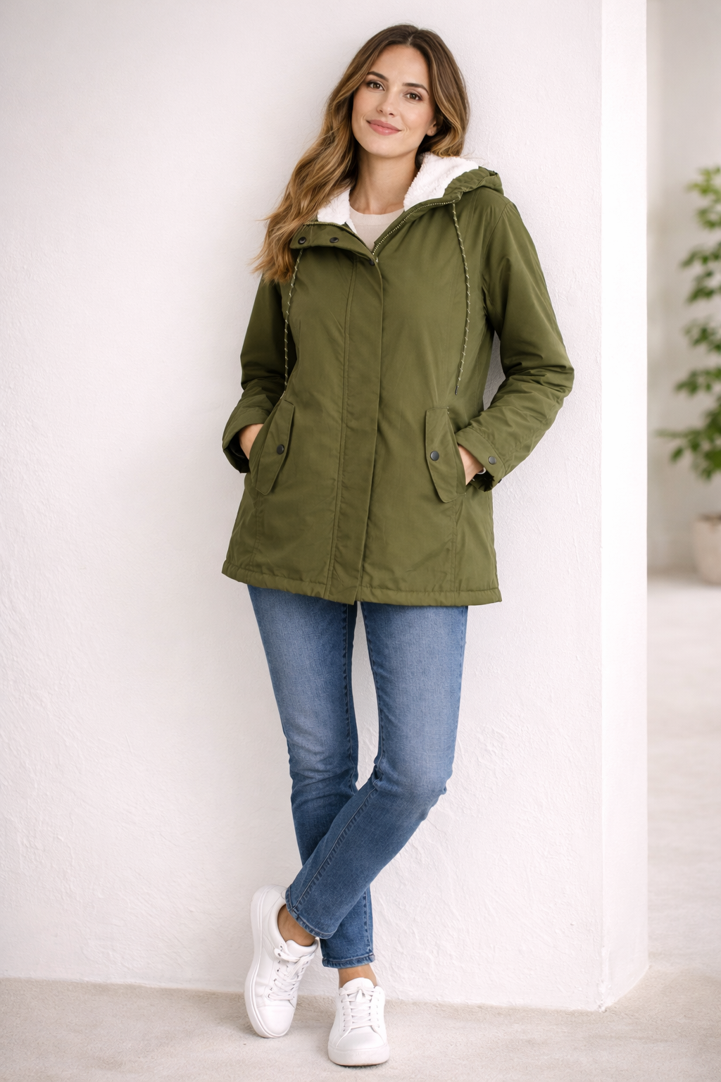 Hooded Faux Shearling Lined Parka Jacket For Women
