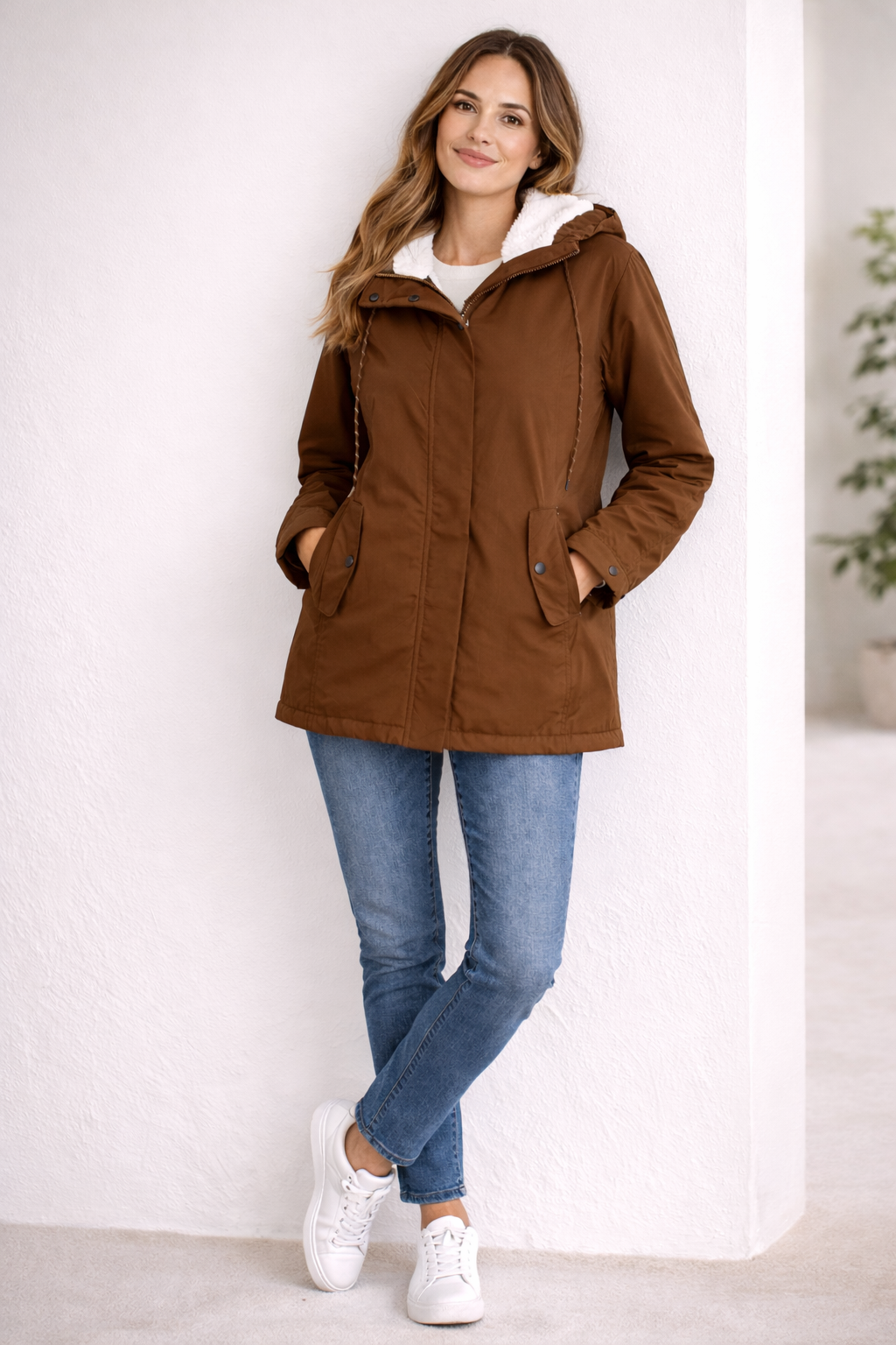 Hooded Faux Shearling Lined Parka Jacket For Women