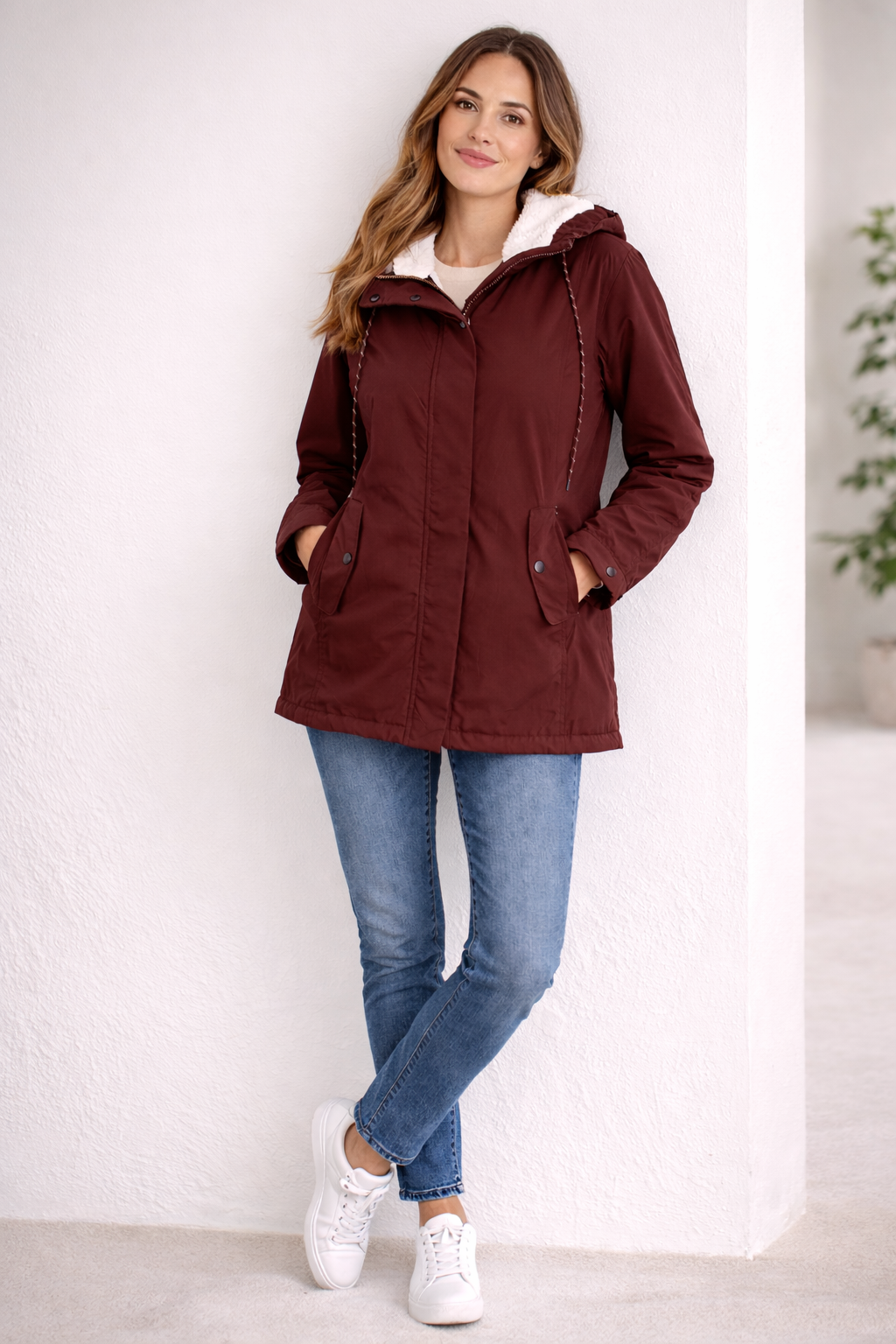 Hooded Faux Shearling Lined Parka Jacket For Women