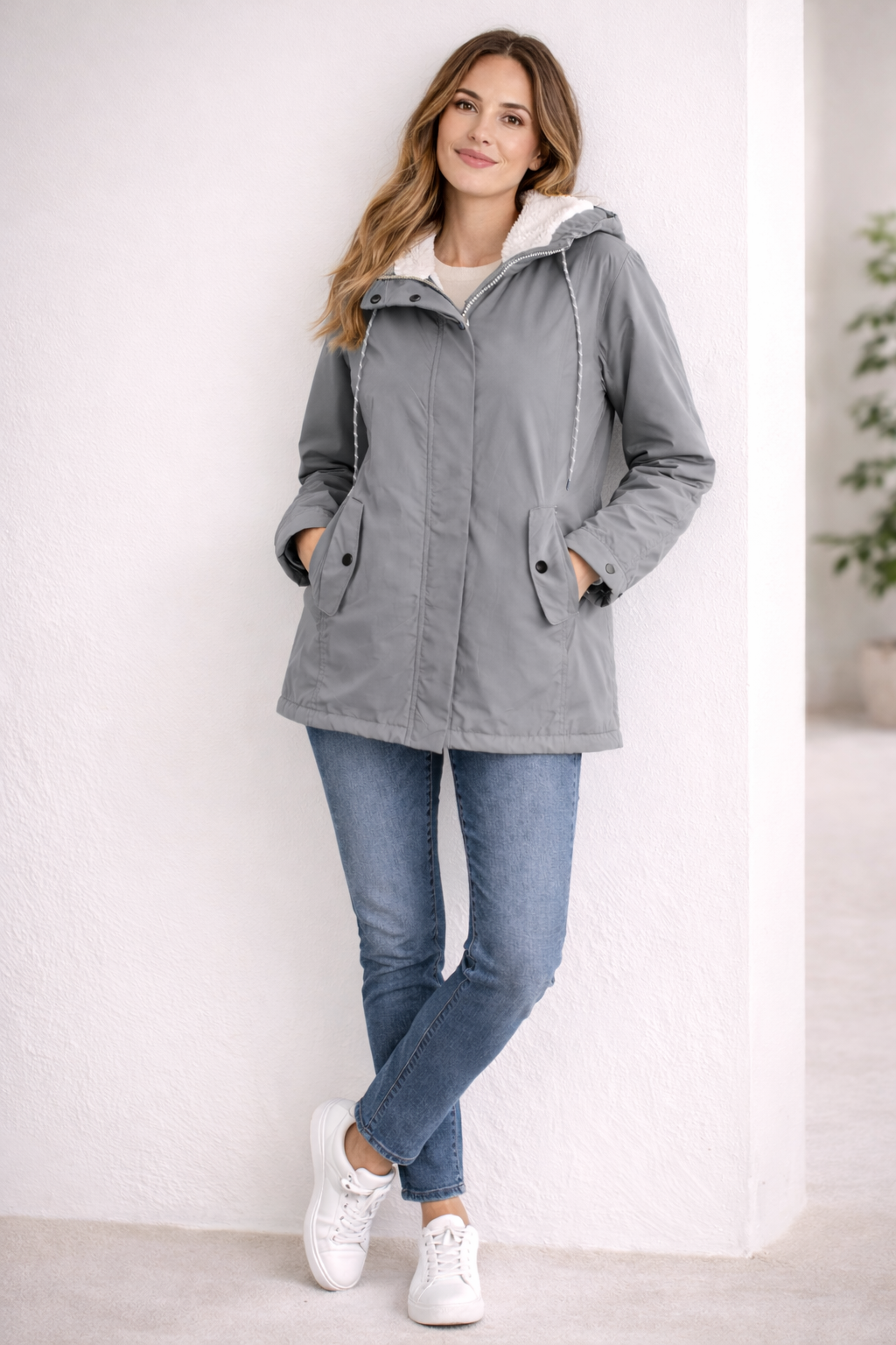 Hooded Faux Shearling Lined Parka Jacket For Women