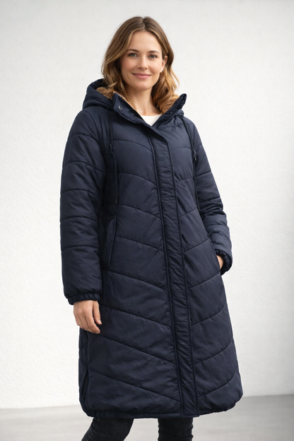 Hooded Long Sleeve Quilted Longline Puffer Coat For Women