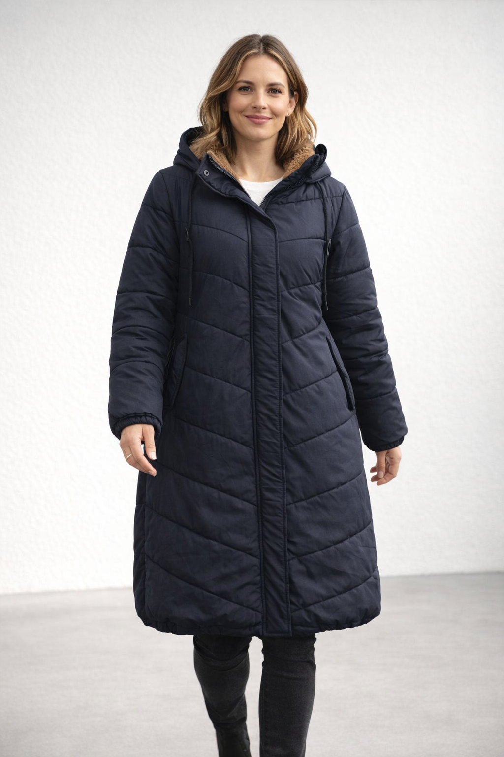 Hooded Long Sleeve Quilted Longline Puffer Coat For Women