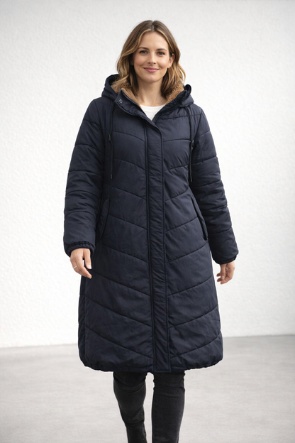 Hooded Long Sleeve Quilted Longline Puffer Coat For Women
