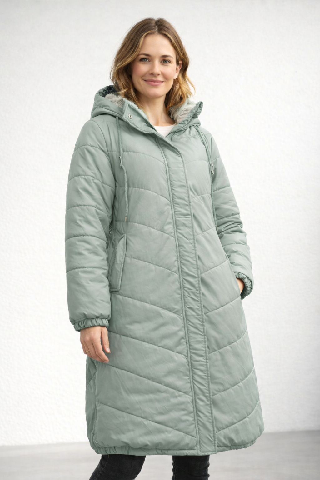 Hooded Long Sleeve Quilted Longline Puffer Coat For Women