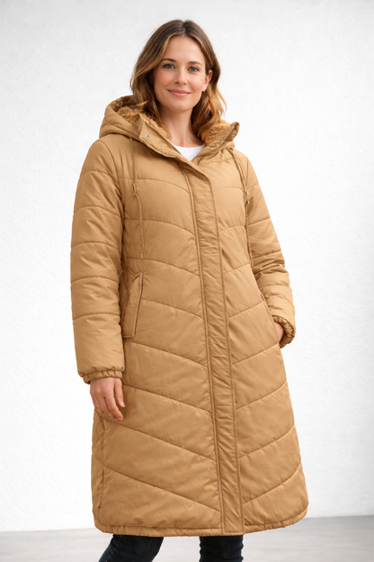 Hooded Long Sleeve Quilted Longline Puffer Coat For Women