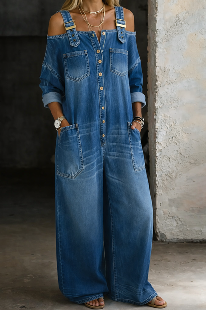 Off Shoulder Button Front Pocket Detail Wide Leg Jumpsuit