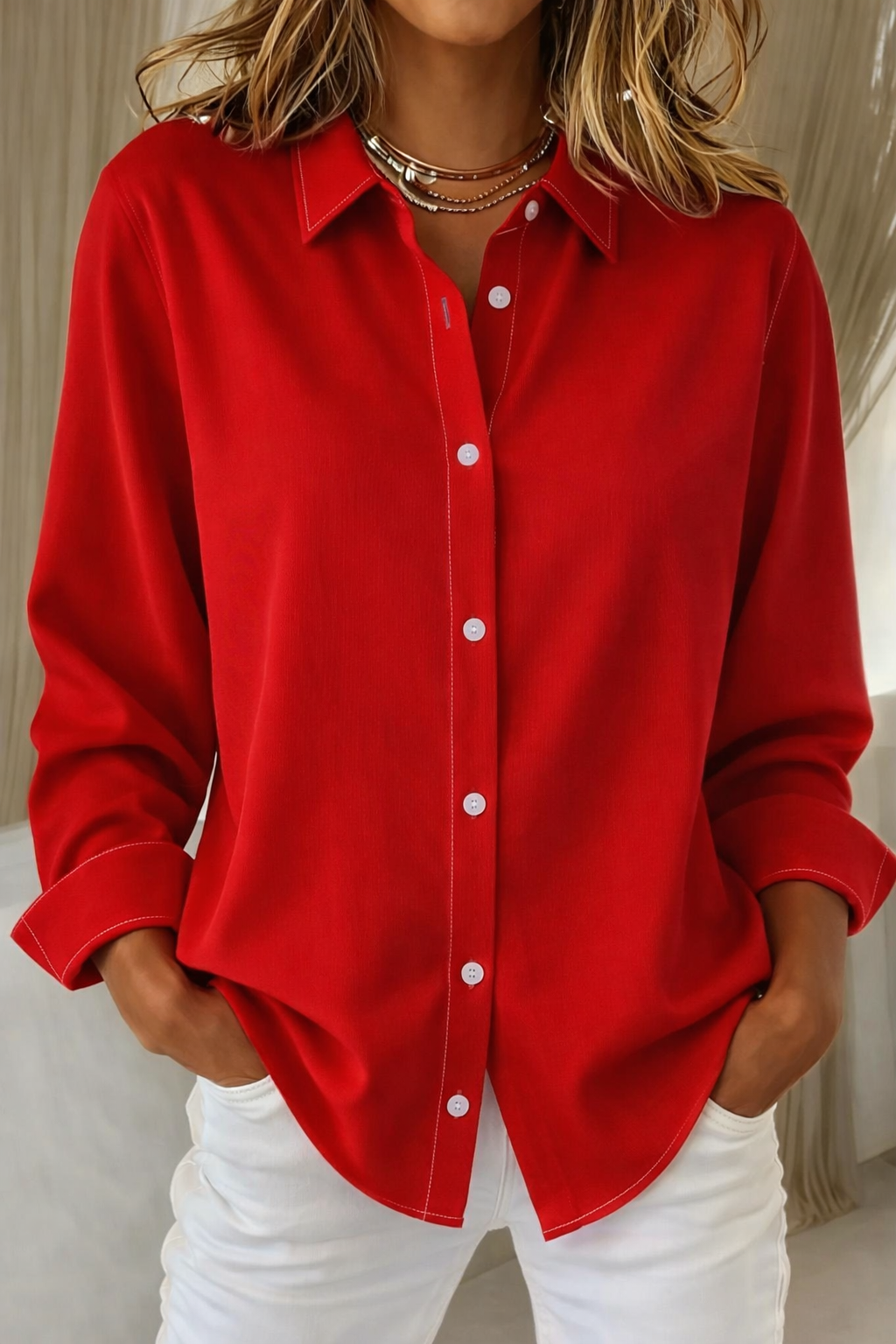Point Collar Buttoned Loose Blouses
