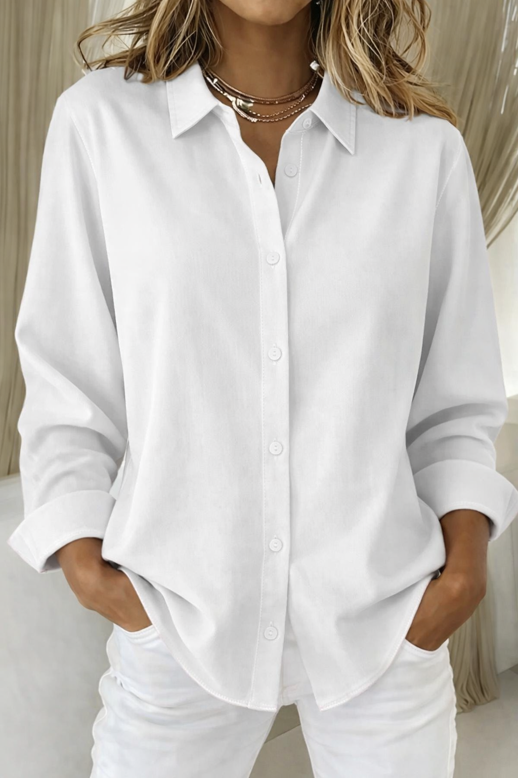 Point Collar Buttoned Loose Blouses
