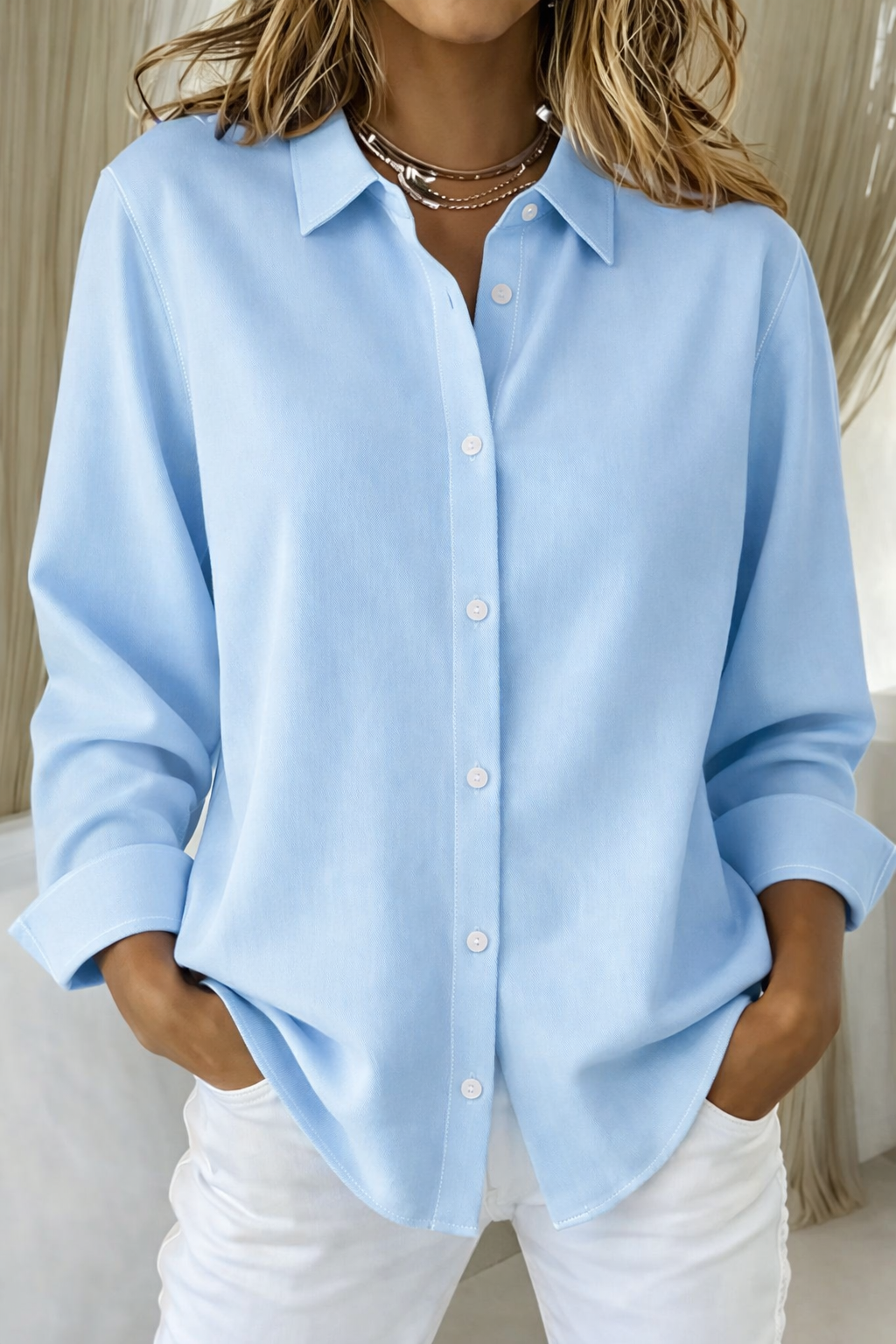 Point Collar Buttoned Loose Blouses
