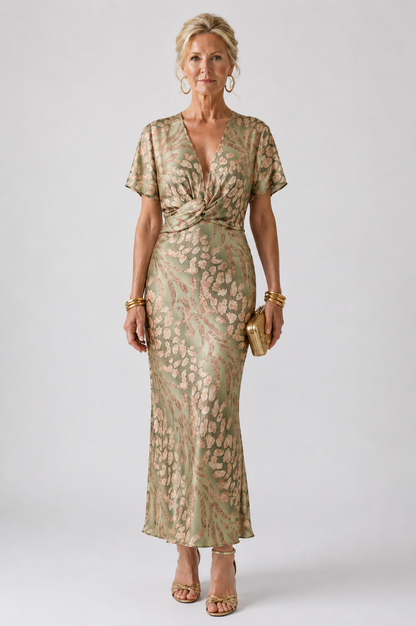 V Neck Short Sleeve Twist Front Patterned Maxi Fitted Dress