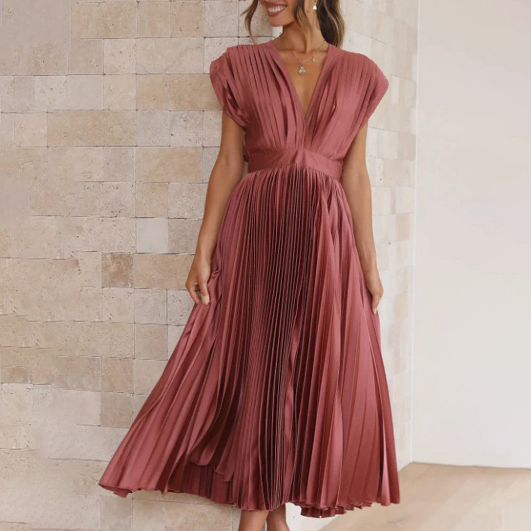 Draped Backless Sleeveless Cinched Pleated Midi Dress