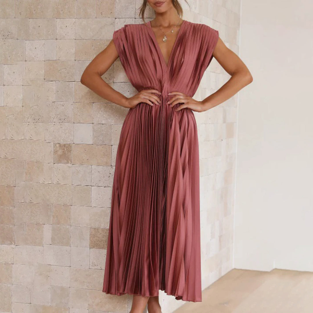 Draped Backless Sleeveless Cinched Pleated Midi Dress
